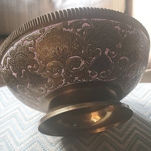 Vintage brass & enamel etched pedestal bowl decorative - pink gold